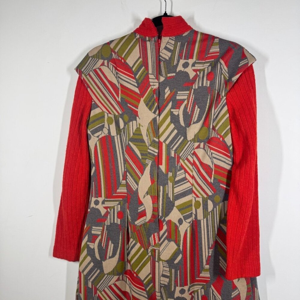 Vintage 60s 70s Red Geometric Print Long Sleeve Zip Back Retro Midi Dress - Picture 9 of 14
